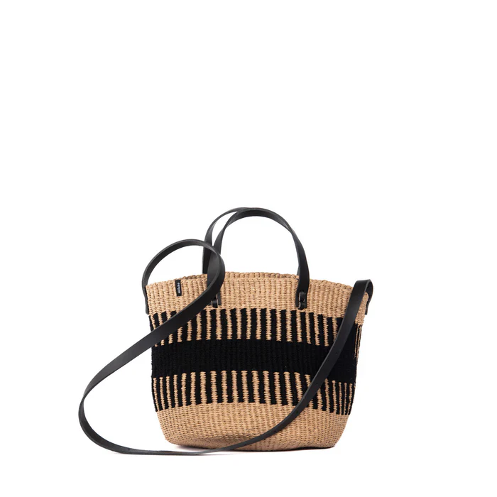 Sac noir-naturel avec lanière noir en cuir tressé à la main