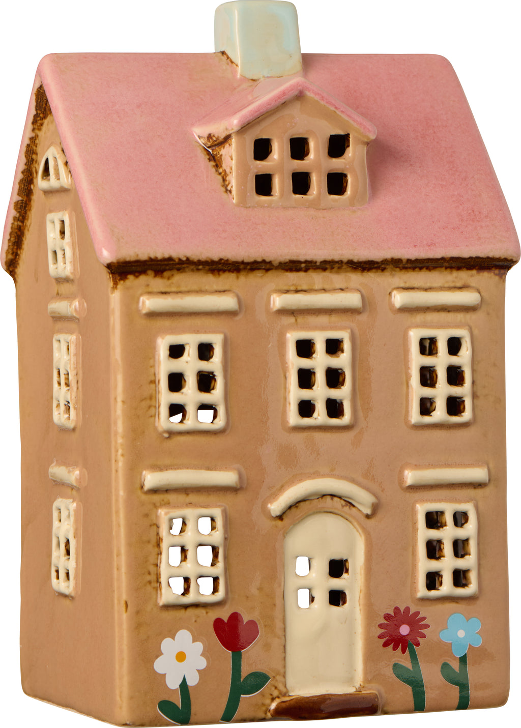 Bougeoir Maison, décor fleurs et toit rose