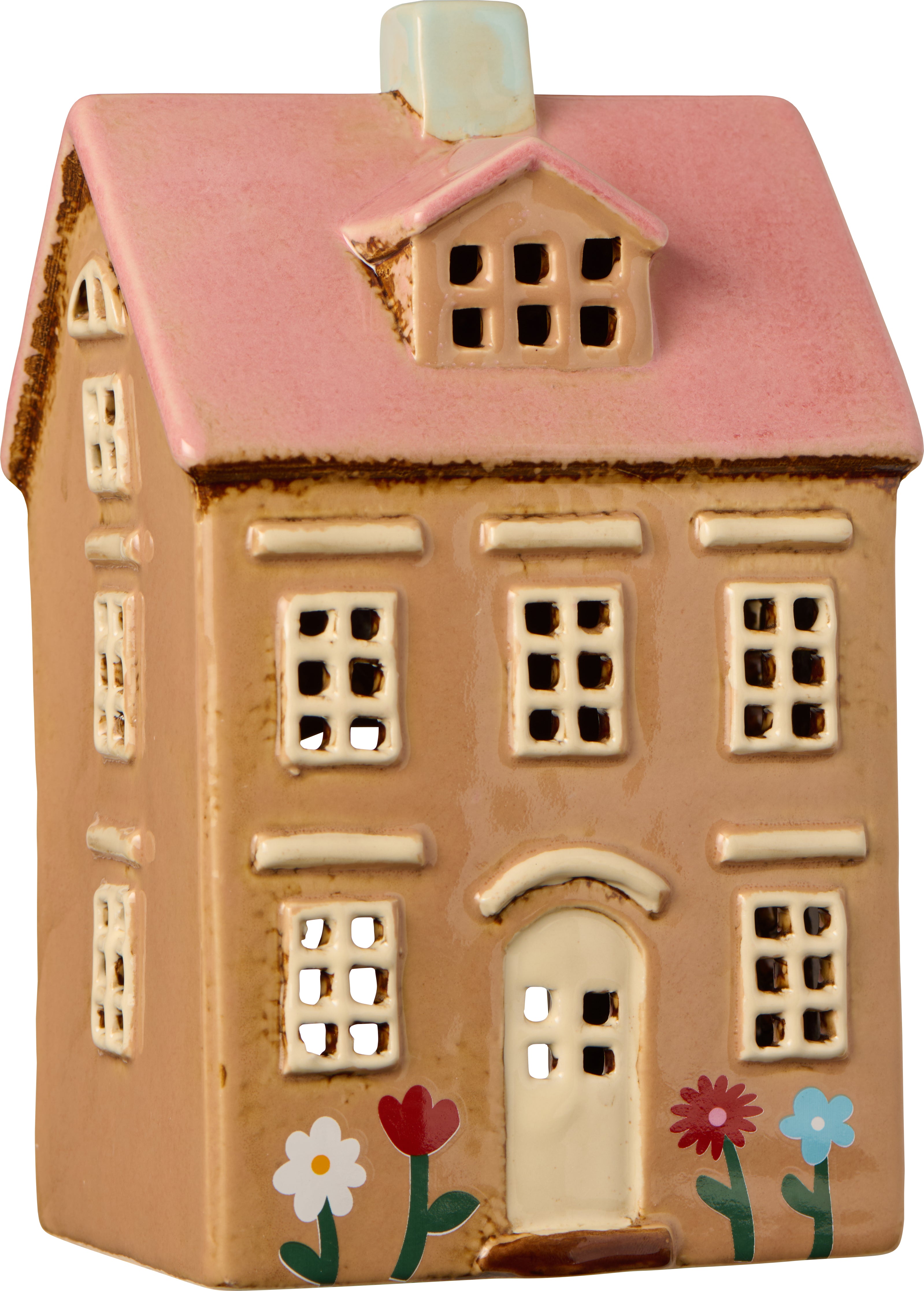 Bougeoir Maison, décor fleurs et toit rose