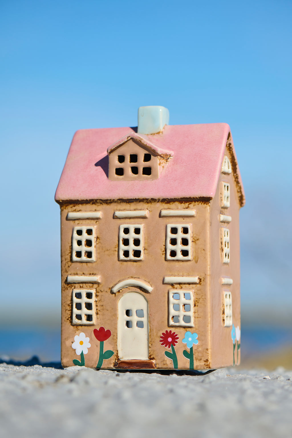 Bougeoir Maison, décor fleurs et toit rose