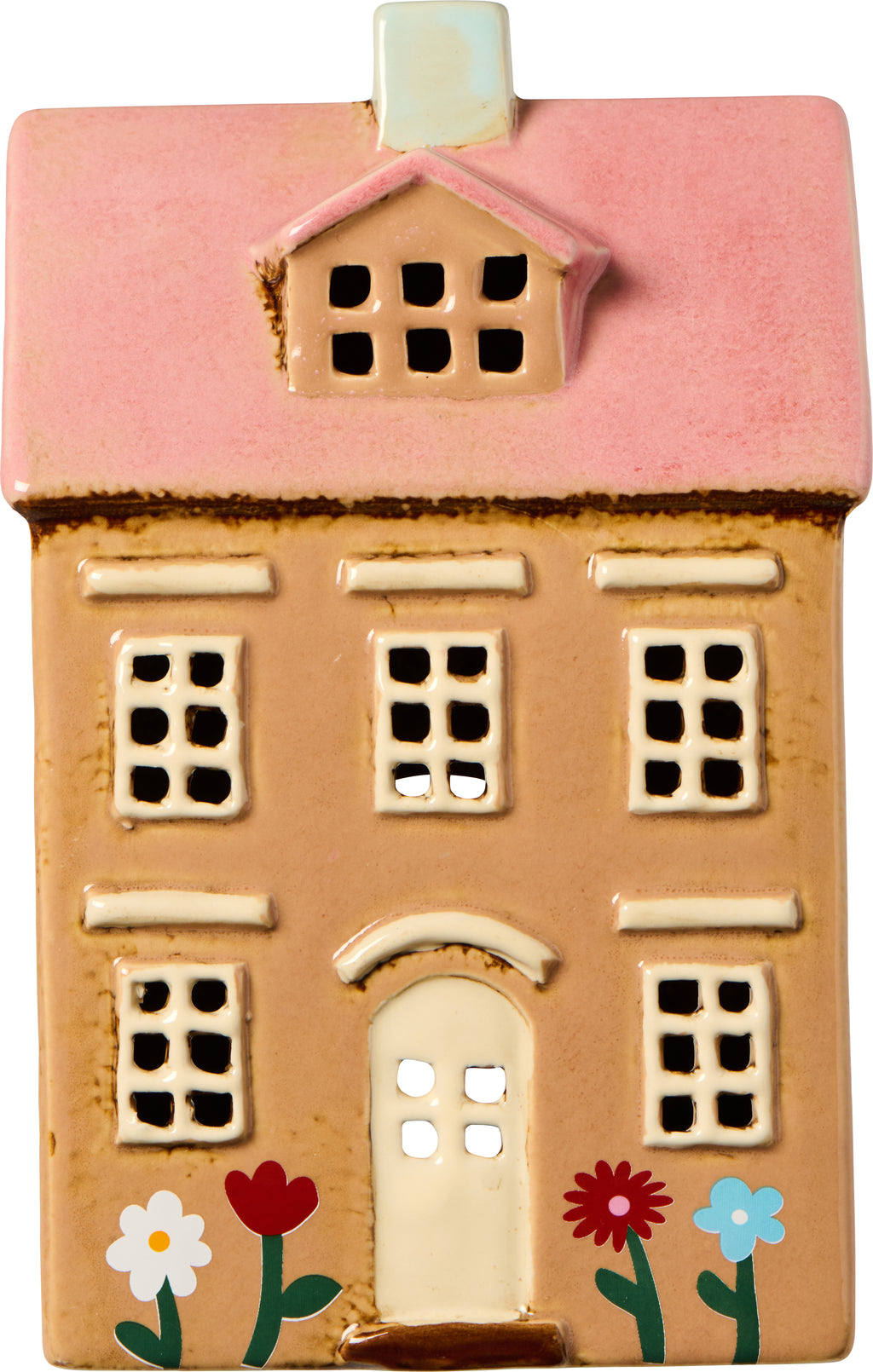 Bougeoir Maison, décor fleurs et toit rose