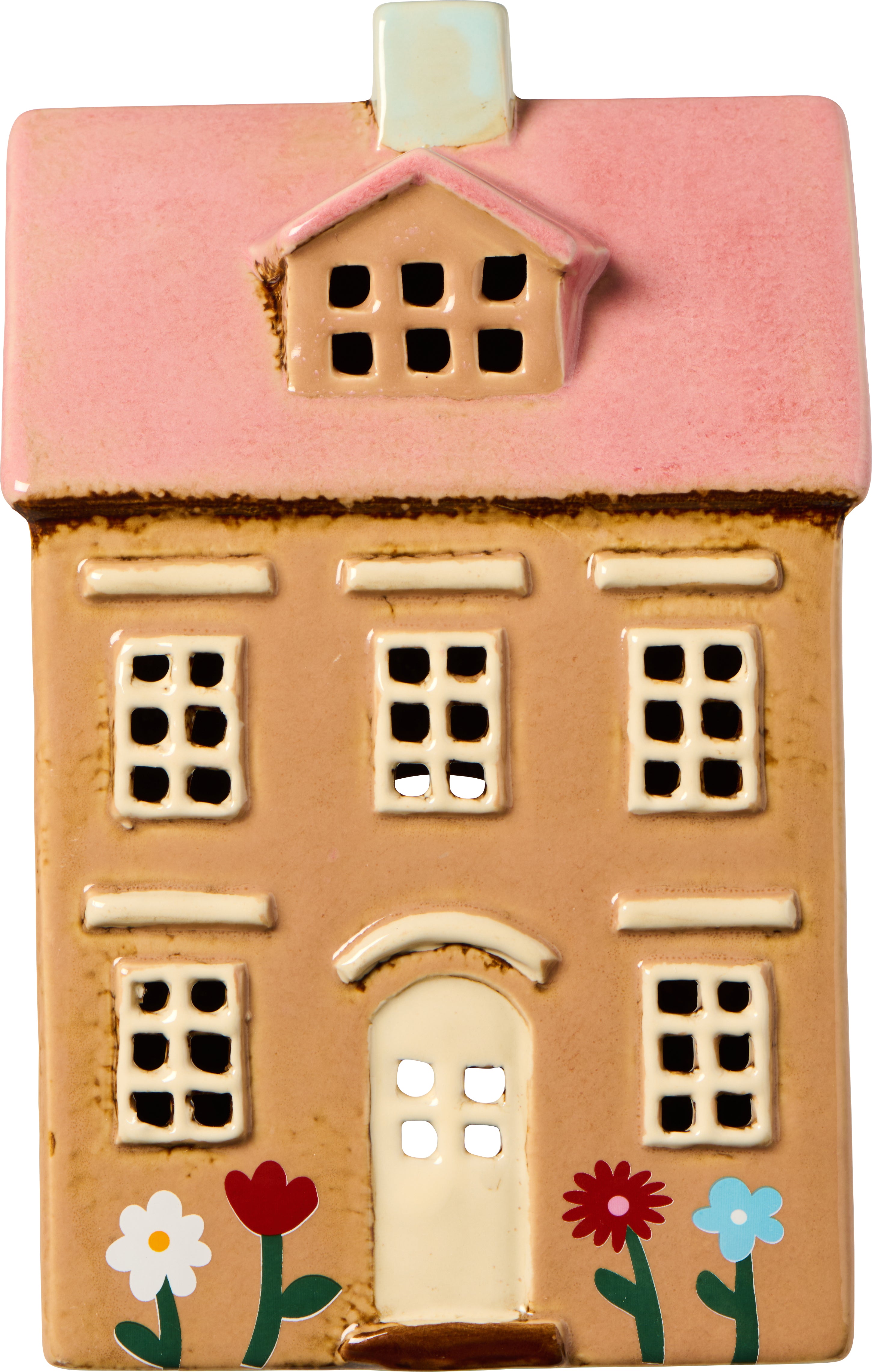 Bougeoir Maison, décor fleurs et toit rose