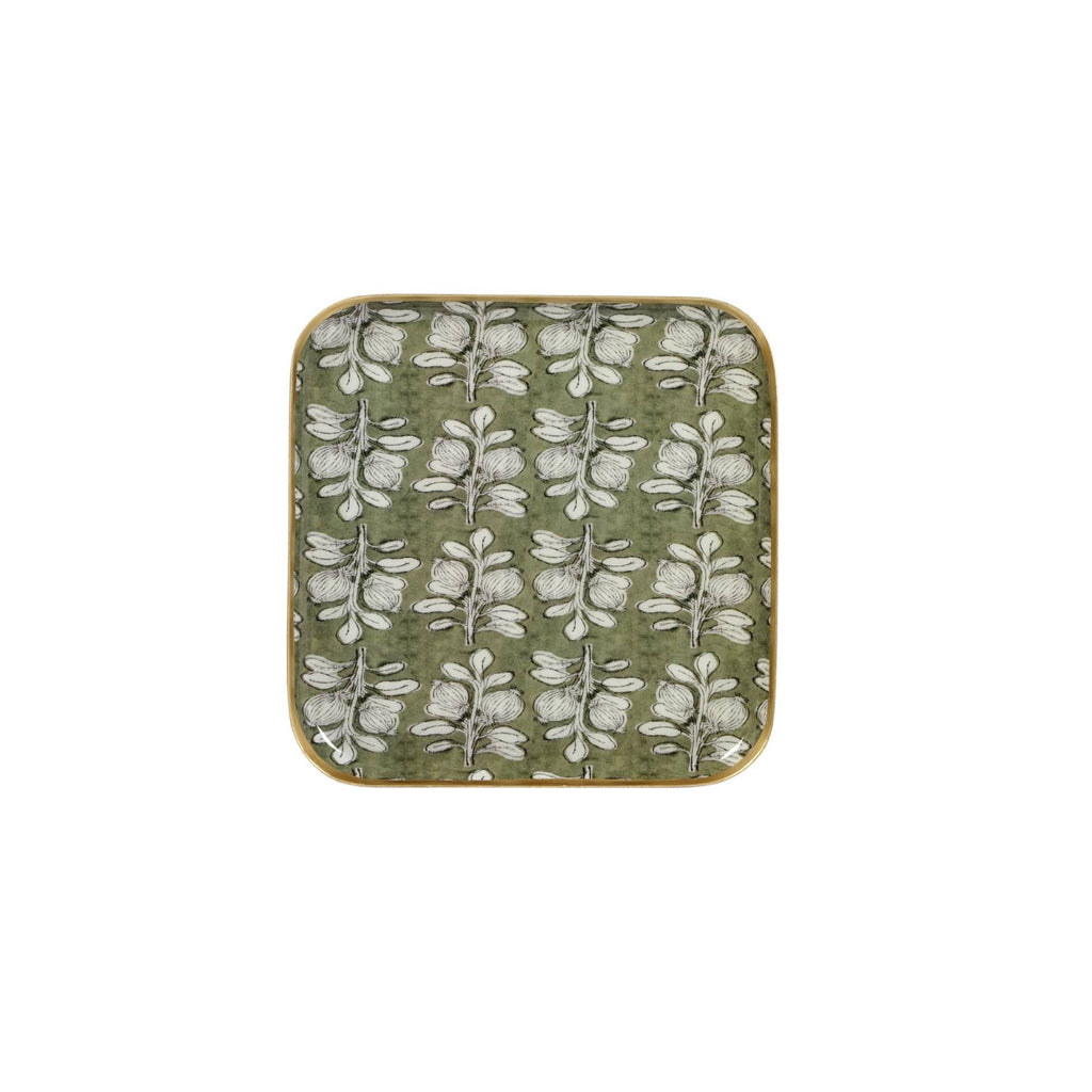 Plateau métal émaillé Alhambra olive, bordure dorée
