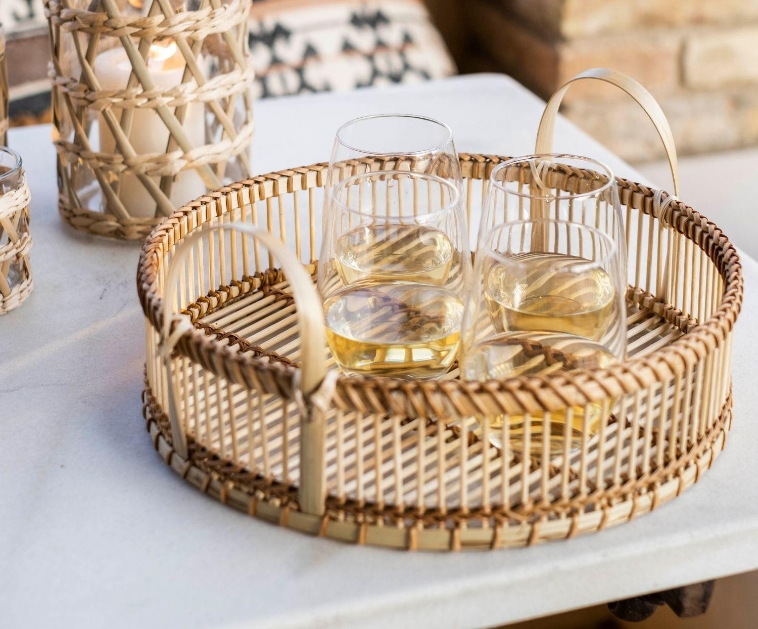 Plateau rond en bambou brun