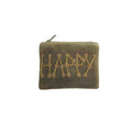 Petite pochette velours brodée HAPPY perles de laiton, kaki