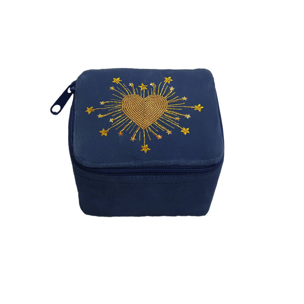 Boîte velours brodée perles Coeur radieux,bleu nuit