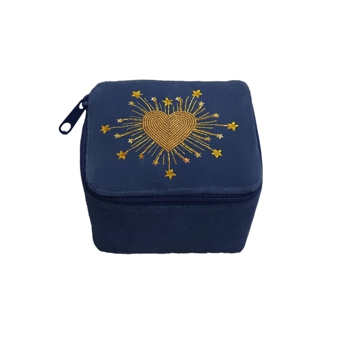 Boîte velours brodée perles Coeur radieux,bleu nuit