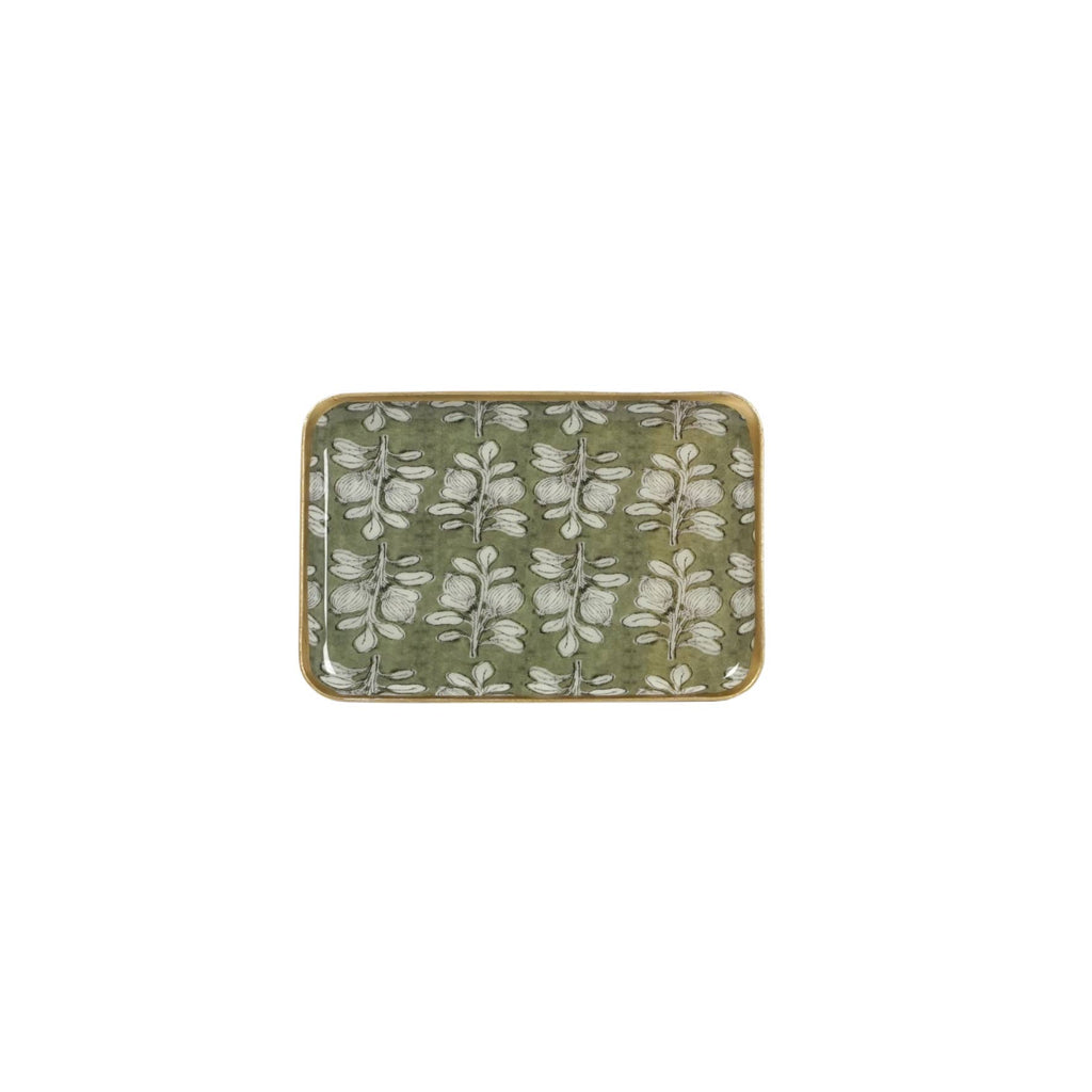 Plateau métal émaillé Alhambra olive, bordure dorée
