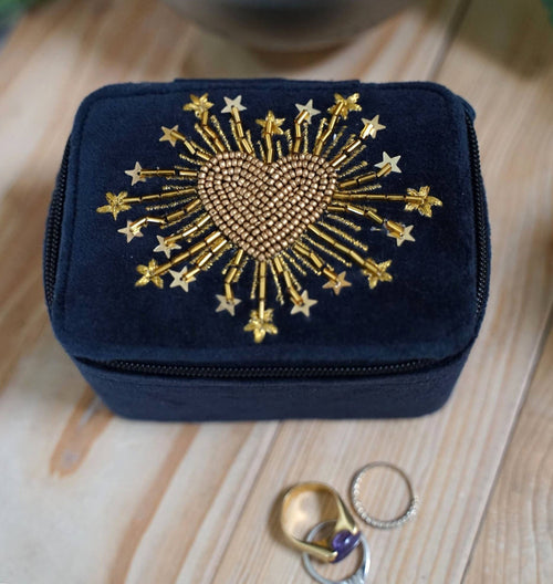 Boîte velours brodée perles Coeur radieux,bleu nuit
